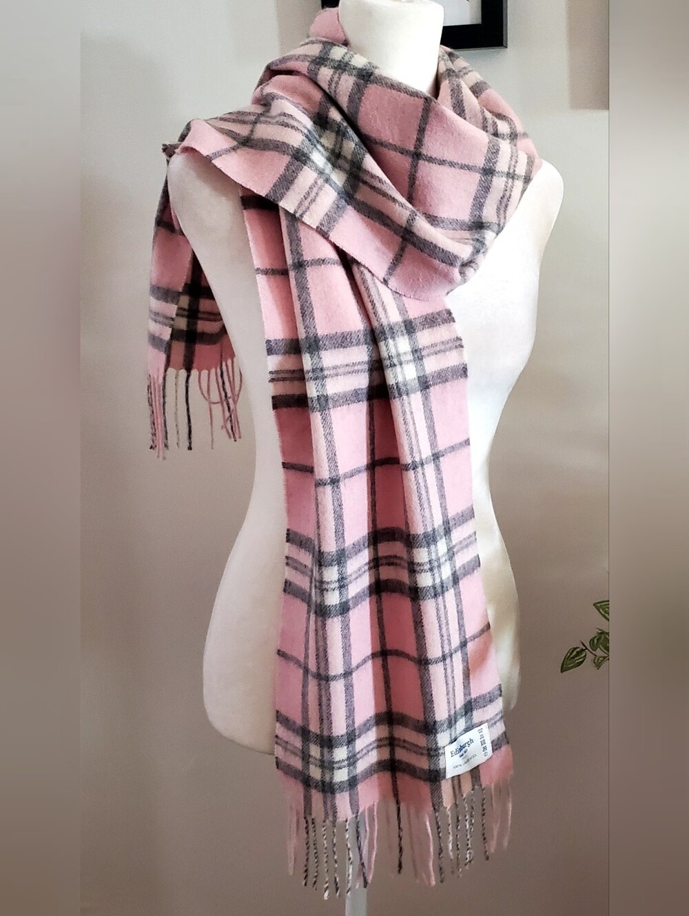 100% Lambswool Pink Plaid Fringe Scarf
